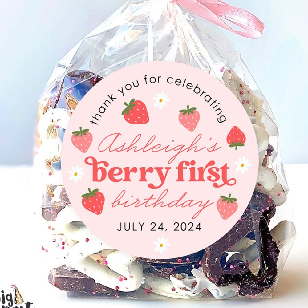 Strawberry Birthday Stickers, Berry First Birthday Party Favor Stickers Tags